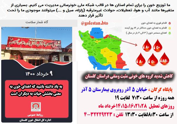 کاهش شدید گروه های خونی مثبت ومنفی دراستان گلستان
